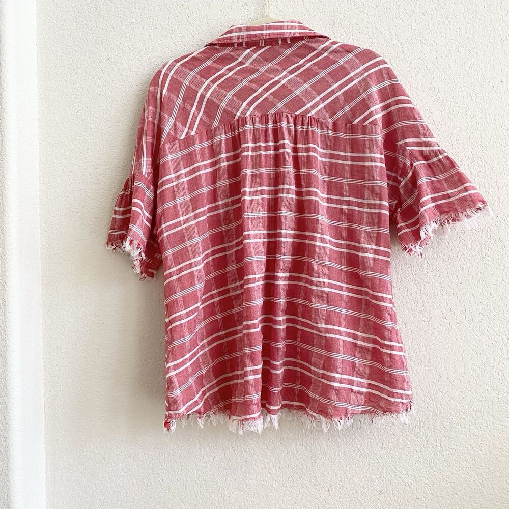 UMGEE Southern‎ Bohemian Gingham Oversized Shirt Fringed Red White Women's L - Picture 8 of 10